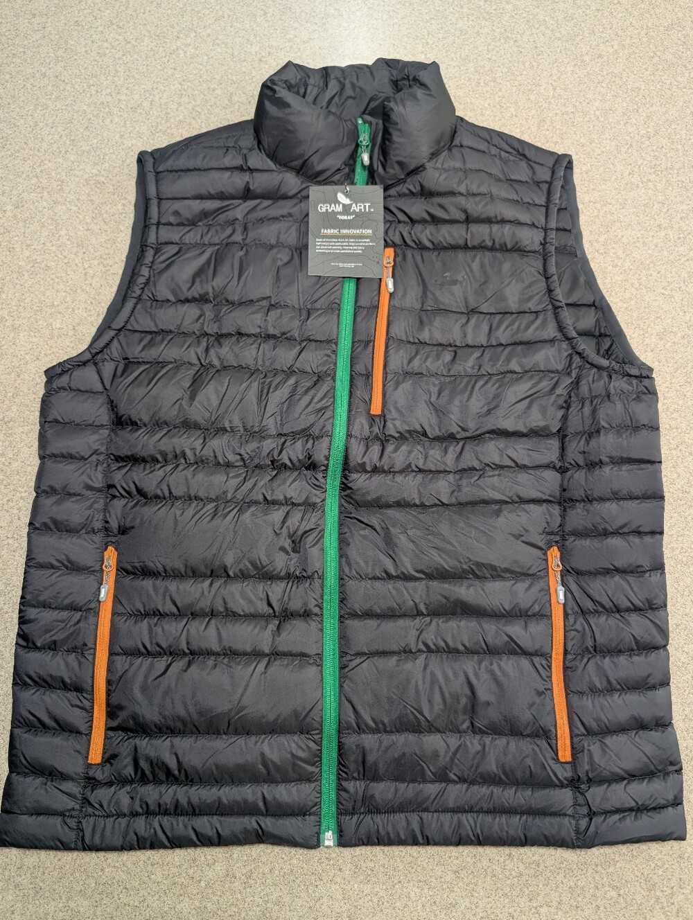 NWT Hexa Custom Men's Gram Art Toray Lightweight Down Black Green Orange Vest XL
